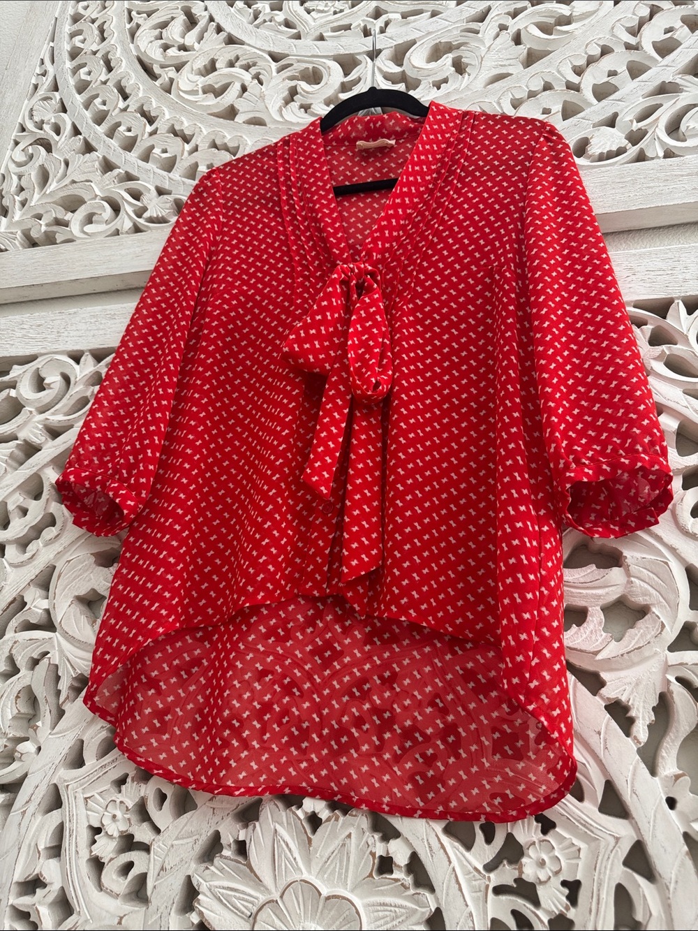 Pins & Needles Red Tie-Neck Blouse with White Micro Print